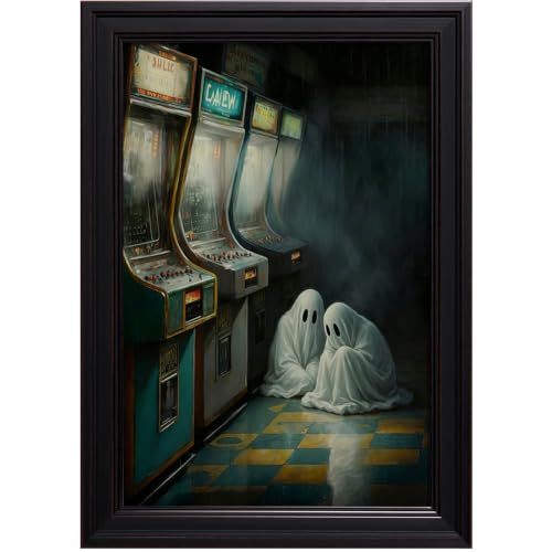 Two Ghosts Vintage Arcade Pinball Machines Canvas Wall Art Moody Foggy Dark Retro Oil Painting Print Poster Grunge Dark Aesthetic Home Decor for Bedroom Living Room 12X16 in Wrapped Canvas