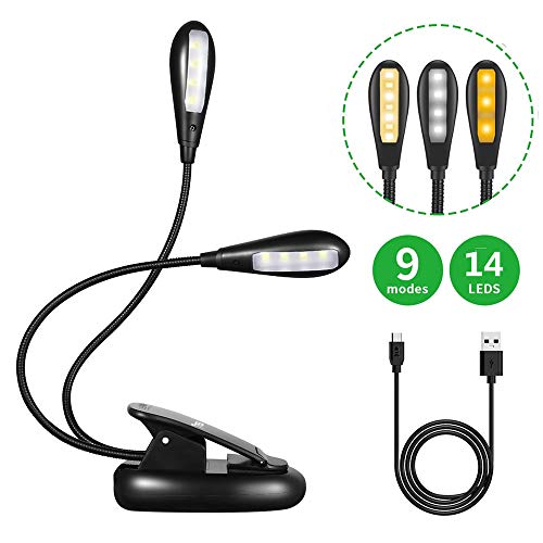 Preisvergleich Produktbild CASEWIND Doppel Kopf Leselampe Klemmbar Buchlampe Schwarze Arbeitsplatzleuchten, LED Wiederaufladbar 9 Stufe Helligkeit Netzteil und USB-Kabel Inklusive