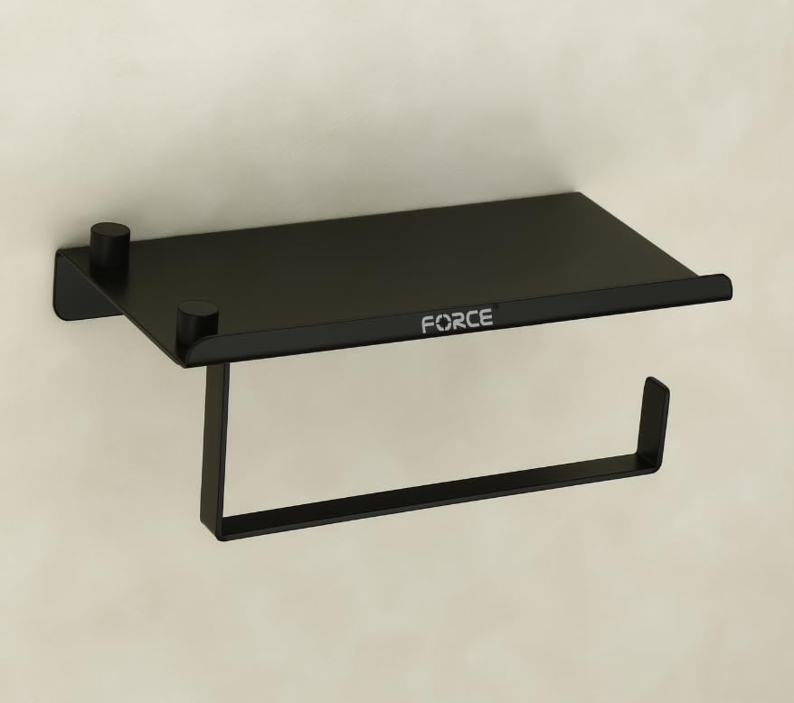 Image of Force Toilet Paper Holder with Shelf - Pack of 3 - Wall Mounted Rustproof Stainless Steel Bathroom Tissue Roll Holder with Raised-Edge Storage Shelf - Matte Finish - Modern & Durable Design Black