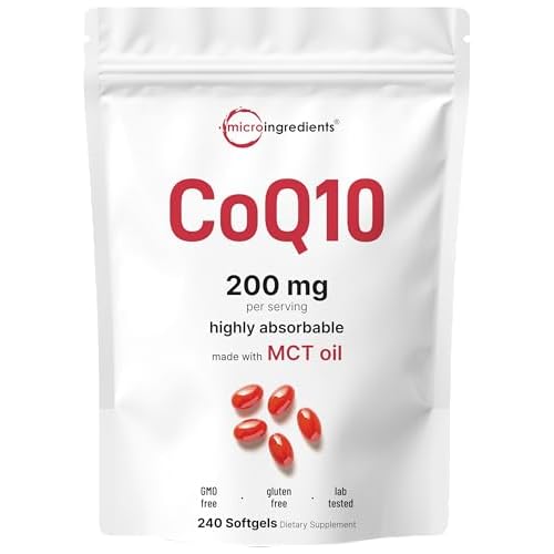 Micro Ingredients CoQ10 200mg Per Serving | 240 Softgels with Coconut MCT Oil | High Absorption Coenzyme Q10 as Ubiquinone | Antioxidant Support for Heart & Energy Health | Non-GMO