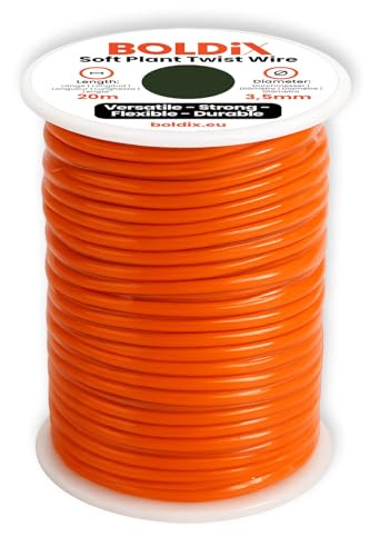 BOLDiX Flexibler Pflanzendraht 20m Rolle Ø3,5mm mit weicher Gummi-Ummantelung Stabiler Bindedraht für Low-Stress-Training, Kletterpflanzen Gartendraht Pflanzenbinder (Orange, 1x 20m (Ø3.5mm))