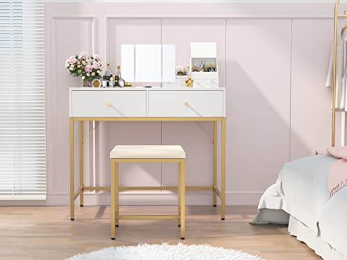 Superjare Vanity Desk, Makeup Vanity With Stool & Tri-Fold Lighted Mirror, Vanity Table Set With 2 Large Drawers - White And Gold #TOP7