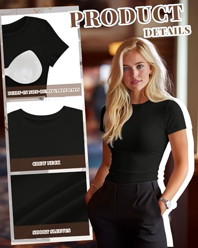 Image of Evervibe Women Built-in Bra Short Sleeve Shirts Crewneck T-Shirt Slim Fit Going Out Tops Casual Summer Basic Tees