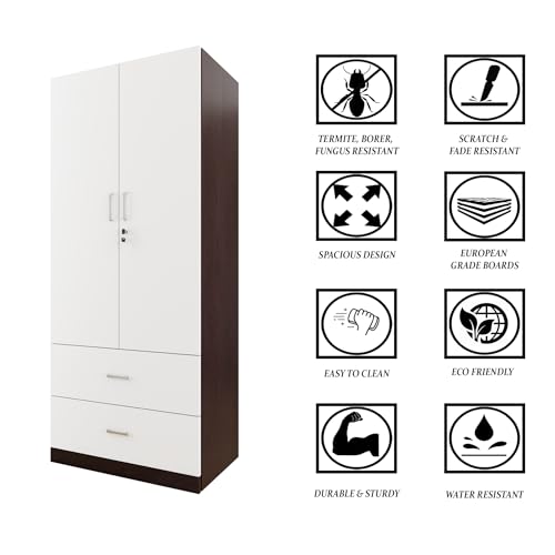 Image of VIKI Wardrobe | Wooden Almirah for Clothes,Door for Bedroom, 2 Door Wardrobe with Drawer & Hanging Space (Dark Wenge, Frosty White - 40D x 80W x 180H) | 1 Year Warranty | Free Assembly