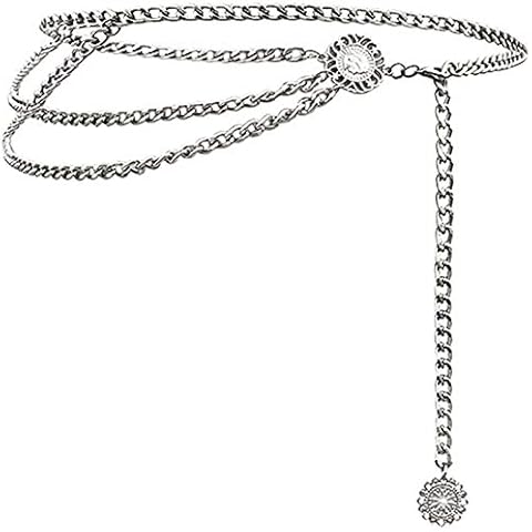 Glamorstar Multilayer Metal Waist Chain Dress Belts Metal Belt for Women Silver 110CM/43.3IN Cover