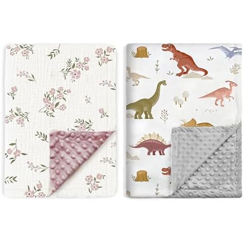 BOPRIO Baby Blankets 2 Packs, 1 x Minky Dotted and 1x Cotton Muslin Dotted Toddler Blanket, Floral and Dinosaur Design Cover