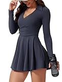 IDOPIP Tenniskleid Damen Langarm Golfkleider mit integrierten BH- und Shorts Sexy Sommerkleider Minikleid V-Ausschnitt Polokleid mit Tasche Tennisrock Sportanzug Für Workout Yoga blau S
