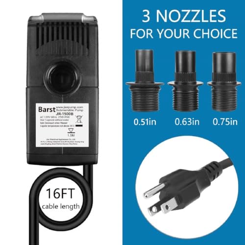 Image of BARST 400GPH Submersible Water Pump with Filter, 16ft Power Cord | 25W, 1500L /H, Ultra Quiet for Water Feature, Small Pond, Aquarium, Fish Tank, Pool, Statuary, Hydroponic
