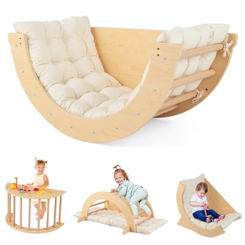 Image of HONEY JOY Wooden Arch Climber with Cushion, Montessori Arch Table for Kids, Baby Rocker Ladder Play Gym Playground, Toddler Climbing Toys Indoor, Learning Gift for Kids Aged 1+ (Beige)