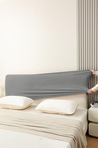 Image of HOMETHREADS Stretchable Lycra /Velvet Headboard Cover | Soft, Dust-Proof & Wrinkle-Resistant Bed Back Protector | Fits Leather, Wooden & Fabric Bedsides | for 5ft to 6.5ft Beds | (Grey, 150x65cm)