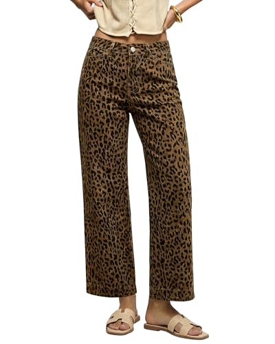 luvamia Wide Leg Jeans Woman Trendy High Waisted Cheetah Print Leopard Pants Bell Bottom Ankle...
