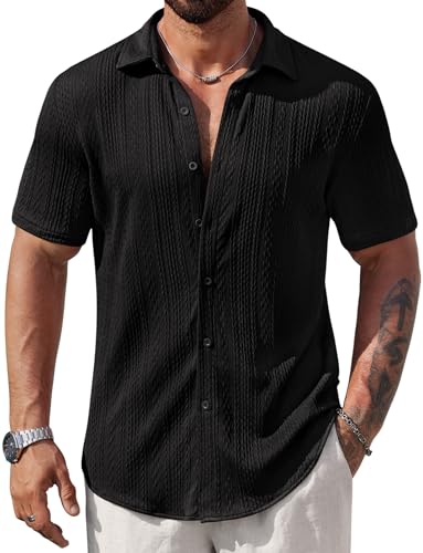 Mens Summer Textured Shirts Short Sleeve Casual Button Down Shirt Beach Vacation Tops (S-XXL)