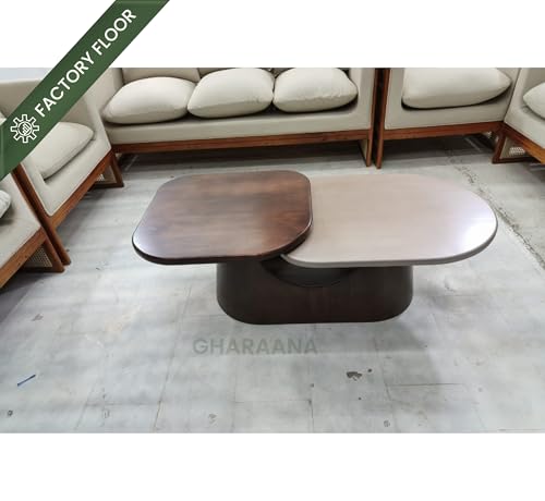 Image of Gharaana Bruno Modern Wooden 2-Tier Centre Table for Living Room (51x24x17) Solid Mango Wood | Teak-Dusky Pink-Dark Walnut Finish | Rectangular Solid Wood Luxury Contemporary Coffee Table