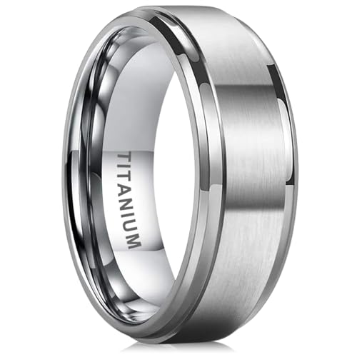 Roy Rose Jewelry Mens Titanium Brushed Raised Center Wedding Ring - Polished Step Edges Comfort Fit - 6mm 8mm Wide - Style Name: RHINOX