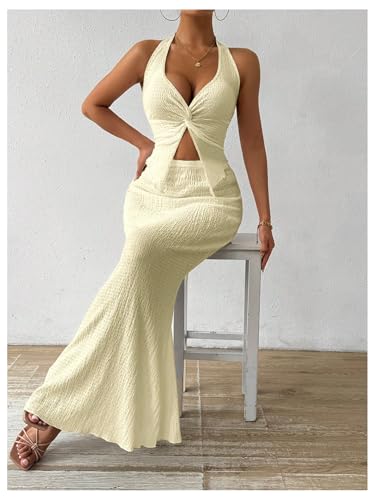 SHENHE Women's Sexy 2 Piece Outfits Twist Front Split Halter Crop Top and Bodycon Maxi Skirt Set 5