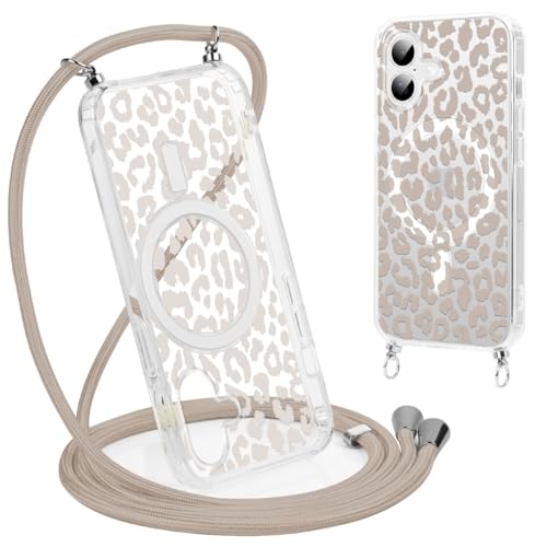 Coalbooliy Handyband Handyhülle für iPhone 17 Hülle 6 3 mit Band Cover Kompatibel mit Magsafe Transparent Aesthetic Leopard Muster Cover mit Kordel zum umhängen Case Kameraschutz Stoßfest 01