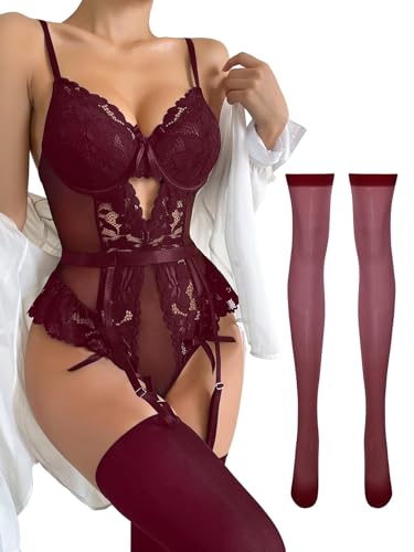 Image of Lilosy Sexy Stocking Lace Mesh Bodysuit Top Underwire Garter Lingerie Set 3 Piece
