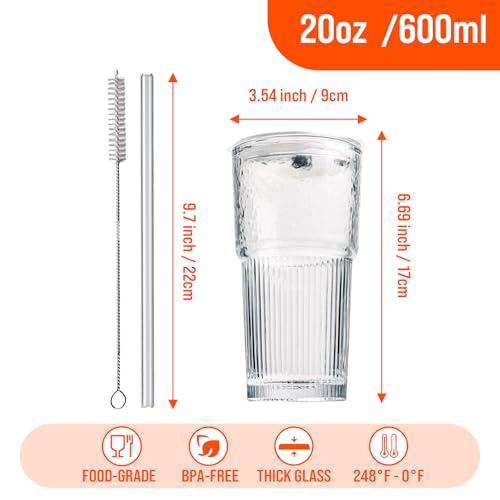 Stylish 20oz Frosted Glass Tumblers with Lids and Straws for Iced Beverages - Vintage Ribbed Design - Ideal for Coffee, 