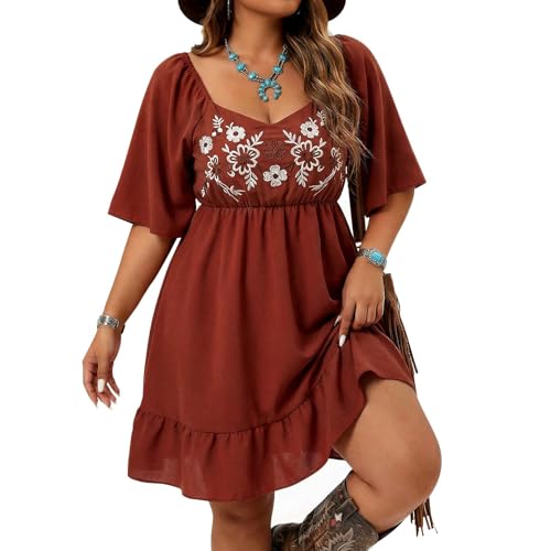 UpFind Womens Plus Size Brown Western Dress Floral Boho Dresses Country Concert Cowgirl Outfits Causal A Line Flowy Summer Midi Dress L