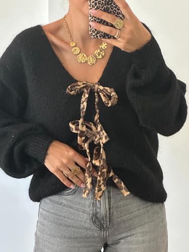 Image of Women's Leopard Tie Front Knitted Cardigan Y2K Long Sleeve V Neck Knit Sweater Top