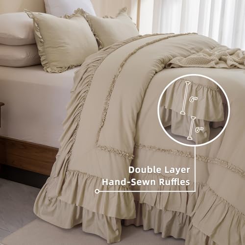 Image of QSH Wheat Oversized California King Bed Comforter Set 128x120, Farmhouse Shabby Vintage Bedding Comforter with Ruffles French Country Comforter Soft Microfiber Fluffy Bedding 3 PCs