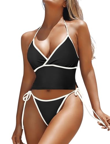 ZAFUL Women's Halter Tankini Swimsuits Cute V Neck Tummy Control Bathing Suit High Cut Tie Side Thong Tankini Set Swimwear