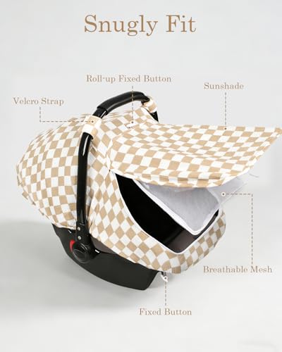 Image of DILIMI Car Seat Covers for Babies, Muslin Cotton Baby Car Seat Cover with Breathable Mesh Window, Summer Infant Car Seat Canopy for Boys Girls Newborn, Brown Plaid