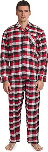 Image of Hanes Men's 100% Cotton Flannel Plaid Pajama Top and Pant Set, Long Sleeve Button Down