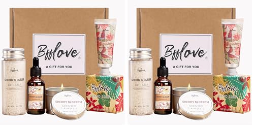 Image of BFFLOVE Gift Set for Women - 5pcs Cherry Blossom Spa Gifts, Birthday, Anniversary, Mother's Day Gifts for Her with Massage Oil, Scented Candle, Bath Salts, Hand Cream (Pack of 2)