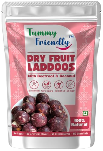 Image of TummyFriendly Dry Fruit Laddu. Healthy Dry Fruit Laddus with Dates - Sugar Free Snacks for Kids, Adults & Pregnant Women. Healthy snacks for kids. homemade dry fruit laddus. No Sugar. Dry Fruit Ladoo with Beetroot & Coconut (100g)