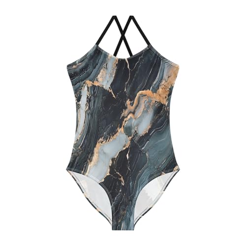 Gold White Black Marble Pattern Girls One-Piece Swimsuit Beach Swim Bathing Suit