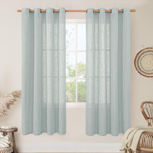 Image of LAMIT Greyish Blue Semi Sheer Linen Curtains for Living Room, 78 Inch Light Filtering Panels Bronze Grommet Boho Drapes for Bedroom /Farmhouse, 2 Panels Set, 52 x 78 Inch