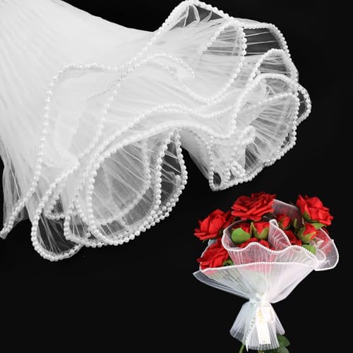 4 Yards Pearl Mesh Flower Wrapping Paper for Bouquets Korean Floral Wrapping Paper Pearl Mesh for Bouquets DIY Gift Packaging Valentines Flower Shop Decoration (Yards White)