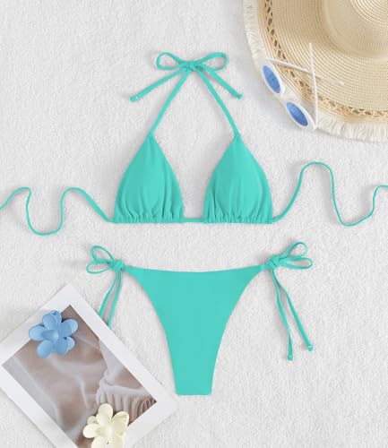 Image of Tainehs Women's Sexy Halter Thong Bikini Tie Two Sides Bottom Triangle Bikini Swimsuits