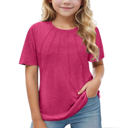 Kids Girls Pleated Short Sleeve T Shirts Crewneck Casual Loose Tees Cotton Solid Color Summer Fashion Tops Clothes