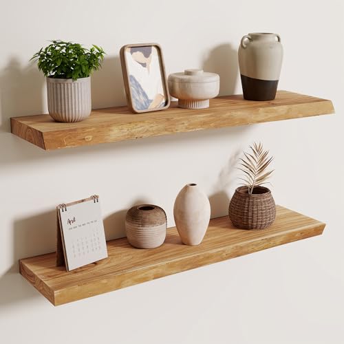 Image of 30 inch Floating Shelves for Wall Live Edge, Natural, 2PCs | 8'' D Rustic Solid Elm Wood, Wall Mounted, Wall Shelves, Invisible Bracket, Living Room Bedroom Kitchen