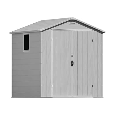 Greesum 6x6FT Plastic Outdoor Storage Shed with Floor, Resin Sheds with Lockable Double Door, Tool Sheds with Window and Vents, for Garden, Backyard, Patio, Light Gray