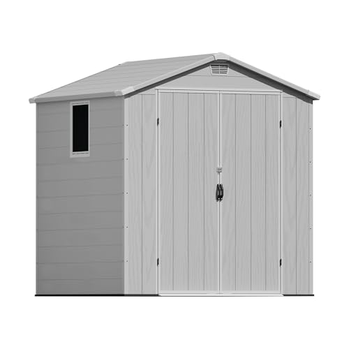 Image of Greesum 6x6FT Plastic Outdoor Storage Shed with Floor, Resin Sheds with Lockable Double Door, Tool Sheds with Window and Vents, for Garden, Backyard, Patio, Light Gray