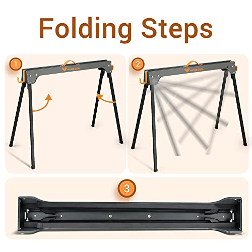 Image of WORKESS Saw Horses 2 Pack, Heavy Duty Folding Portable Saw Horses Table 2200 Lbs Load Capacity with 2x4 Support Legs, Fast Open Legs and Easy Grip Handle for Woodworking.