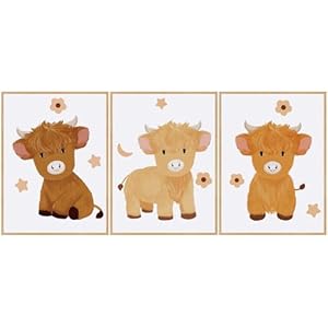 Geyoga 3 Pcs Baby Highland Cattle Canvas Wall Decor Watercolor Nursery Wall Decor Cow Picture Scottish Animal Farm Cow Cattle Painting Furry Cow New Mom Gifts for Boys and Girls Room, 12 x 16 Inch