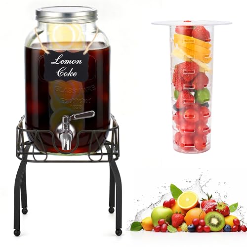 Image of Glass Drink Dispensers for Parties, Beverage Dispenser with Stand, Ice Cylinder and Stainless Steel Spigot 100% Leakproof, Beverage Dispenser for Lemonade Sun Tea (2 Gallon Single with Stand)