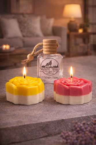 Image of Luxury Rose Petal Candle Set (Rose & Vanilla) with Lavender Hanging Car Diffuser - Decorative Floral Candle Combo for Home & Car Perfume | Mount Wolf