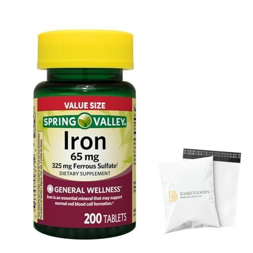 Spring Valley Iron Supplement 65mg, 325mg Ferrous Sulfate, Non-Constipating Iron Tablets for Women & Men, Good Energy & Red Blood Cell Formation, Value Size (200 Count) - Set by Basket Goods