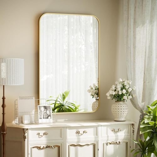 Image of The Artment your artistic apartment Streamline Rectangle Wall Mirror | HD Glass | Metal Frame | Wall-Mounted | Elegant Design for Bedroom, Bathroom, Hallway, Entryway | Gold (84 CM)