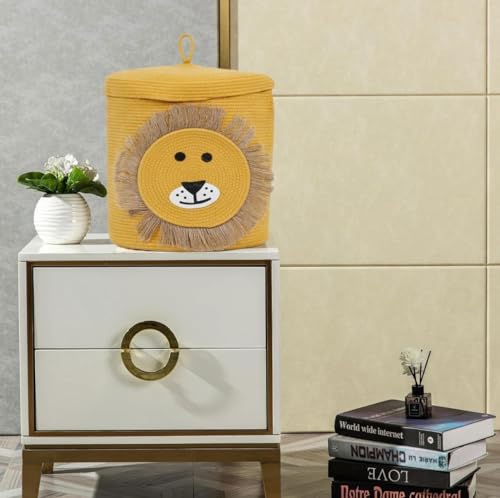 Image of Jute Basket For Storage Cotton Rope Toys Basket With Lid Handwoven Natural Foldable Laundry Hamper for Home, Office, Living Room Size 10x10 inch (YELLOW -LION)