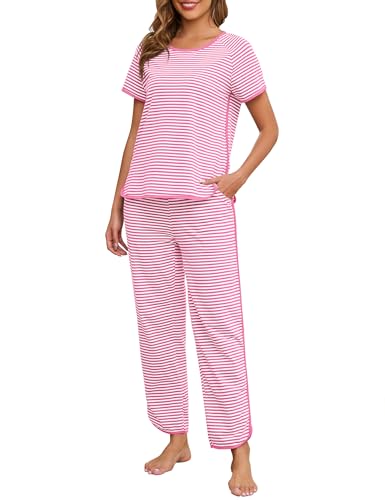 Image of Womens Pajama Sets Cotton 2 Piece Lounge Set Stripe Short Sleeve Pj Set Comfy Loungewear Sleepwear with Pockets