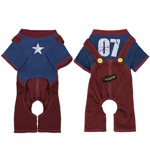 JPETTO犬服 デニム パーカー ロンパース 犬の服 つなぎ ドッグウェア 春秋冬 ボーダー 四つ足の服 小中型犬 おしゃれ ペット洋服 防寒 可愛い お散歩お出かけ服 抜け毛防止25-ML0101レッドXS