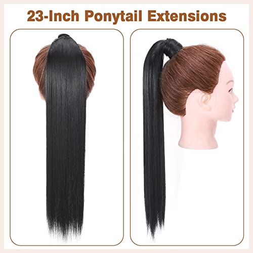 TESS Clip In Ponytail Hair Extensions Black 23 Inches, Dark Black Straight Hair Extensions Clip In Ponytail 90g Fake Extension - Image 4