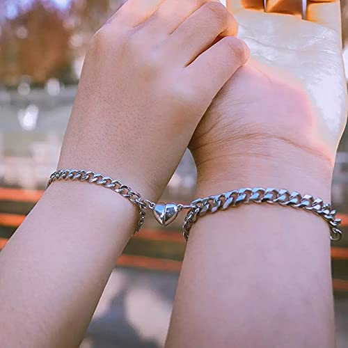 Mifynn 2Pcs Magnetic Couple Bracelets Set Cuban Chain Bracelet Magnetic Peach Heart Bracelet Pinky Promise Couples Bracelets For Boyfriend Girlfriend Gifts (Silver) #TOP1