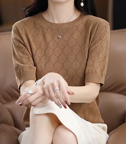 Image of Summer Hollow Out T-Shirt Women's Short Sleeve Sweater Cotton Knitted O-Neck Lightweight Pointelle Breathable Tops